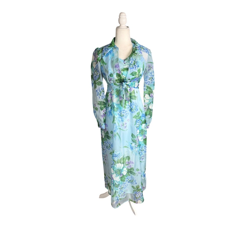 Vintage 60s 70s Blue Floral Maxi Dress Sheer Overlay Tie Front XS XXS